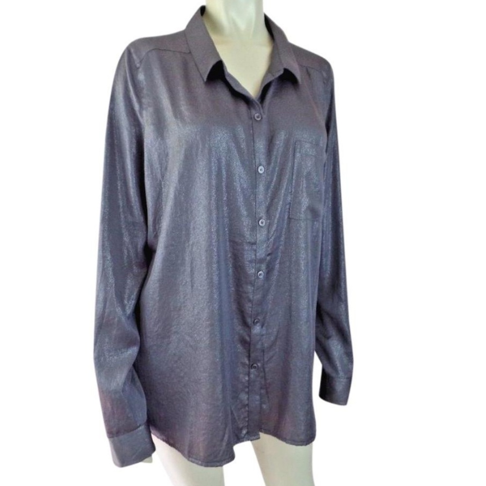 Trouve Gray Sparkle Poly Button Front Blouse L - image 1